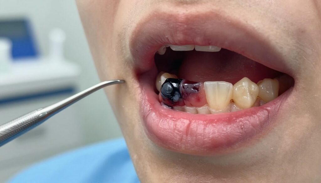 A close-up view of a human mouth showcasing an abnormal dark lesion on the gums beside a tooth. The foreground highlights this dental condition, with a severe contrast between the dark blackened gum tissue and the healthy pink gums nearby. The focus should be sharp on the lesion to emphasize its significance. In the background, softly blurred dental instruments and a sterile dental clinic setting provide context, hinting at a professional medical environment. Utilize natural, even lighting to avoid harsh shadows, capturing the unsettling but crucial nature of the condition. The mood should evoke a sense of seriousness and urgency, illustrating the need for dental consultation without including any text or human figures.