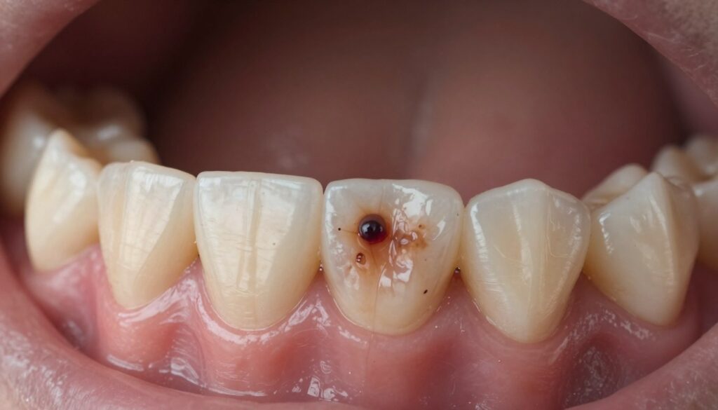 A close-up view of a human mouth showcasing dental caries (tooth decay) in a detailed and educational manner. In the foreground, a single tooth displays visible decay with dark spots and texture variations, illustrating the process of deterioration. The middle ground features healthy teeth for contrast, highlighting differences in structure. The background should be softly blurred, suggesting an oral cavity environment, with subtle lighting that emphasizes the textures of the tooth surfaces. Use soft, warm lighting to create an informative yet serious atmosphere, evoking the importance of dental health. The image is clinical and educational, with no distractions or text overlays. A close-up view of a human mouth showcasing dental caries (tooth decay) in a detailed and educational manner. In the foreground, a single tooth displays visible decay with dark spots and texture variations, illustrating the process of deterioration. The middle ground features healthy teeth for contrast, highlighting differences in structure. The background should be softly blurred, suggesting an oral cavity environment, with subtle lighting that emphasizes the textures of the tooth surfaces. Use soft, warm lighting to create an informative yet serious atmosphere, evoking the importance of dental health. The image is clinical and educational, with no distractions or text overlays.