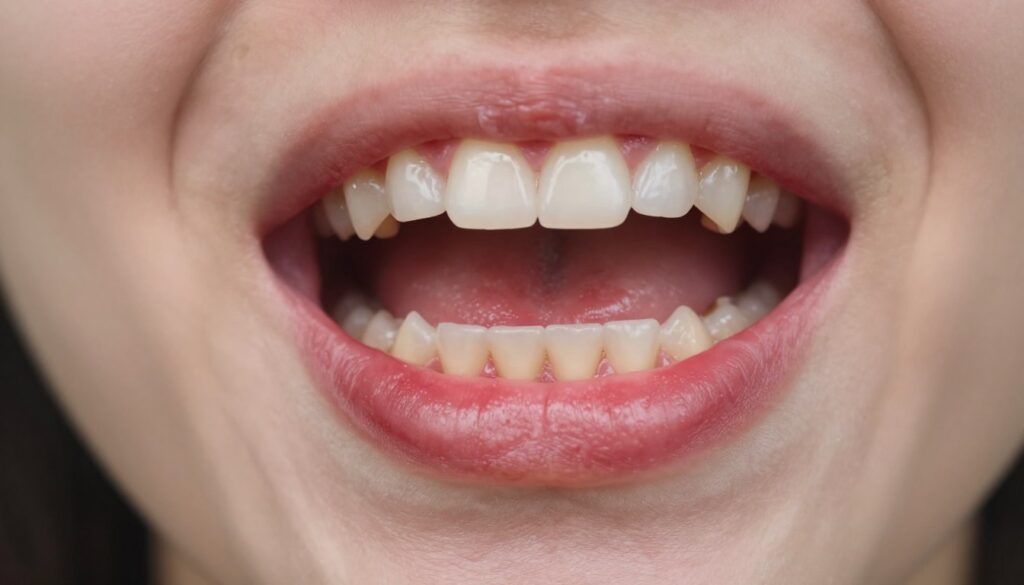 A close-up view of a human mouth showcasing inflamed gums. The foreground highlights swollen, red gums with small white patches indicating early signs of gum disease, surrounded by teeth showing signs of plaque buildup. The midground includes a vibrant contrast of healthy teeth and the inflamed areas, emphasizing the discomfort of gingivitis. The background features a blurred dental environment with soft, warm lighting, suggesting a clinical yet inviting atmosphere. The image should evoke a sense of urgency and concern, encouraging viewers to recognize the symptoms of gum inflammation. The composition should capture the details clearly, with a shallow depth of field to focus on the gums while softly blurring the rest.