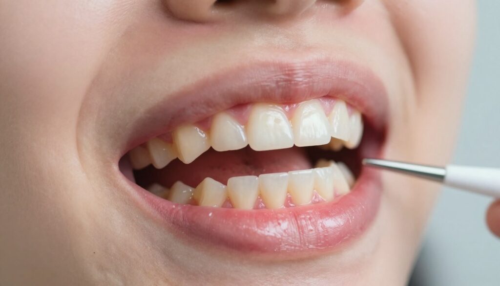 A close-up view of a human mouth showing swollen gums around the emerging tooth, with slight redness and a hint of inflammation. The foreground focuses on the shiny, moist texture of the gums and the tooth, capturing the detail of the swelling and the individual tissues. In the middle ground, add hints of dental tools or a toothbrush, suggesting dental care. The background should be softly blurred to keep attention on the oral area, with warm, diffused lighting that conveys a clinical yet inviting atmosphere. Aim for a realistic depiction that reflects urgency and the need for dental consultation, without any human subjects.