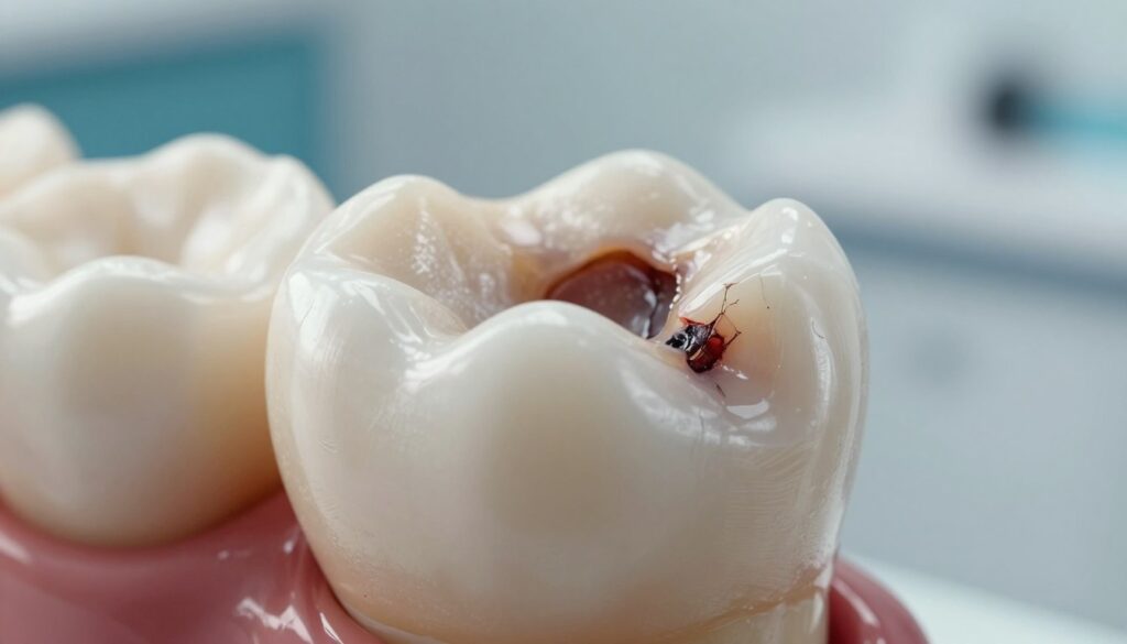A close-up view of a human tooth with decay, illustrating the symptoms of a dead tooth. The foreground features a detailed, decaying tooth with dark discoloration and visible cracks, showing signs of necrosis. In the middle, the tooth is positioned against a soft-focus background of a dental clinic setting. The lighting is bright and clinical, emphasizing the tooth's texture and the severity of the damage. The angle captures the tooth from slightly above, allowing for intricate detail to be visible. The mood should be informative and slightly somber, aiming to convey the seriousness of dental health issues. No human figures are present in the image to maintain focus on the tooth. A close-up view of a human tooth with decay, illustrating the symptoms of a dead tooth. The foreground features a detailed, decaying tooth with dark discoloration and visible cracks, showing signs of necrosis. In the middle, the tooth is positioned against a soft-focus background of a dental clinic setting. The lighting is bright and clinical, emphasizing the tooth's texture and the severity of the damage. The angle captures the tooth from slightly above, allowing for intricate detail to be visible. The mood should be informative and slightly somber, aiming to convey the seriousness of dental health issues. No human figures are present in the image to maintain focus on the tooth.