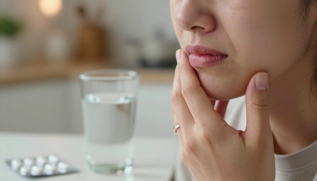 A close-up view of a person gently holding their cheek with a pained expression, highlighting a swollen jaw area, symbolizing gum pain. The foreground features the person's hand, showcasing a subtle ring to suggest care and self-soothing. In the middle ground, a glass of warm saltwater sits on a table, alongside over-the-counter pain relief tablets in a small container. The background is softly blurred, displaying a cozy home environment, possibly in a bathroom or kitchen, with warm ambient lighting that creates a calming atmosphere. The overall mood is one of discomfort yet hints at hope for relief and healing through home remedies. The scene emphasizes the importance of safe, temporary solutions while awaiting professional treatment.