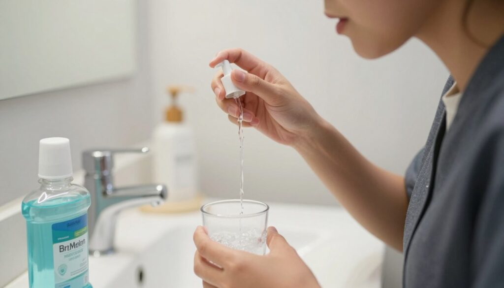 A close-up view of a person in professional attire standing in a bright, well-lit bathroom, demonstrating the act of rinsing their mouth with a clear mouthwash. The foreground features a sleek bottle of mouthwash and a cup, emphasizing hygiene and dental care. In the middle, the person is gently tilting their head back, mouth slightly open, as the mouthwash swirls inside, creating a sense of freshness. The background includes a clean bathroom sink and mirror, with soft natural light reflecting off the surfaces, giving an inviting atmosphere. The overall mood is calm and clean, highlighting the importance of oral hygiene in home remedies for gum swelling.