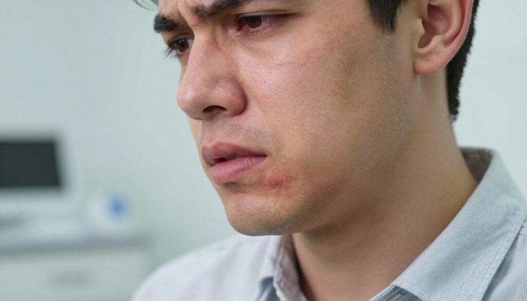 A close-up view of a person's face showing notable facial swelling due to dental issues, specifically around the jaw and cheek area. The individual, dressed in a smart casual shirt, wears a concerned expression, emphasizing discomfort without being overly dramatic. The lighting is soft and natural, casting gentle shadows that highlight the swelling, while a blurred dental clinic background adds context to the scene. The focus is on the face, with a slight tilt to suggest a side profile, providing depth. The mood is serious yet informative, aiming to visualize the importance of understanding dental swelling and the need for proper care.