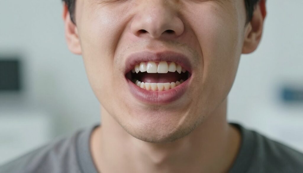 A close-up view of a person's mouth, showcasing a slightly open jaw to highlight a newly treated tooth after a root canal procedure. The focus is on the molar, slightly inflamed with an accompanying expression of discomfort. The person's face, depicted in modest casual clothing, shows a subtle wince to convey the feeling of pain, while the background features a softly blurred dental office setting. Natural soft lighting illuminates the scene, casting gentle shadows to emphasize the contours of the face and tooth. The overall mood reflects a clinical yet empathetic atmosphere, aiming to illustrate the experience of post-treatment sensitivity without any text or distractions.