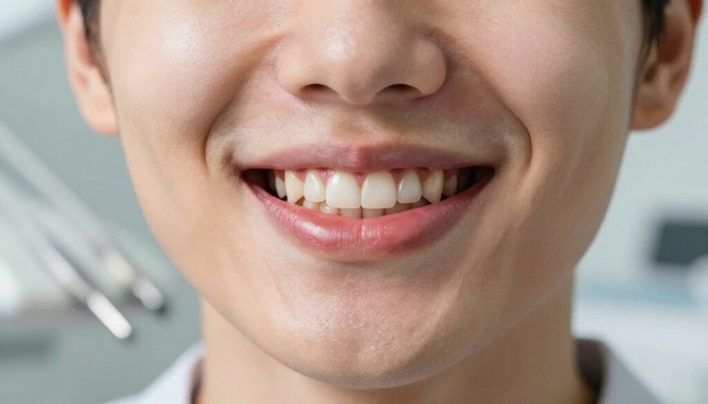 A close-up view of a person's mouth showcasing slightly swollen and red gums, illustrating the irritation caused by teeth whitening. The person is smiling gently, displaying their teeth while wearing a neutral expression. The foreground highlights the gums, focusing on their texture and color to depict healing. In the background, soft, blurred dental tools and a calm dental office environment create a professional setting. Natural lighting illuminates the scene, with a warm glow emphasizing health and care. The atmosphere conveys a sense of reassurance and healing, suitable for an informative context on gum recovery.