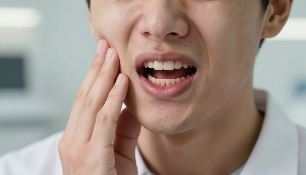 A close-up view of a person's mouth, showcasing the momentary grimace of pain caused by a toothache. The foreground features a brightly lit, slightly opened mouth revealing a molar with visible decay and inflammation, illustrated with vivid detail to highlight the discomfort. In the middle ground, a hand clutches the cheek, expressing distress, dressed in a professional white shirt. The background features a blurred dental clinic setting, with soft, warm lighting to create a realistic atmosphere. The overall mood is somber and evoking empathy, capturing the intensity of the toothache experience, symbolizing the feeling of discomfort and the psychological impact of dental pain. The image is devoid of any text or watermarks.
