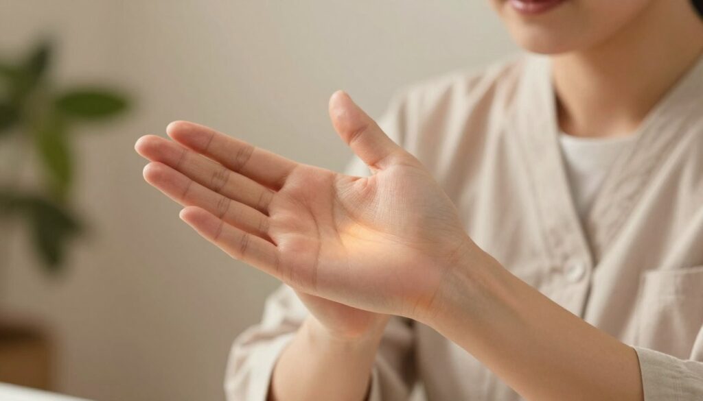 A close-up view of a skilled practitioner demonstrating acupressure techniques on the hand, focused on specific pressure points associated with toothache relief. The practitioner, dressed in professional, modest attire, is gently applying pressure using their thumb on a well-highlighted area of the palm. The background features soft, blurred imagery of natural elements like leaves, creating a calming atmosphere. The lighting is warm and inviting, with a slight soft-focus effect that enhances the serenity of the scene. The angle captures both the hand and the practitioner's focused expression, offering a sense of care and expertise in the practice of acupressure. The overall mood is soothing, emphasizing health and wellness.