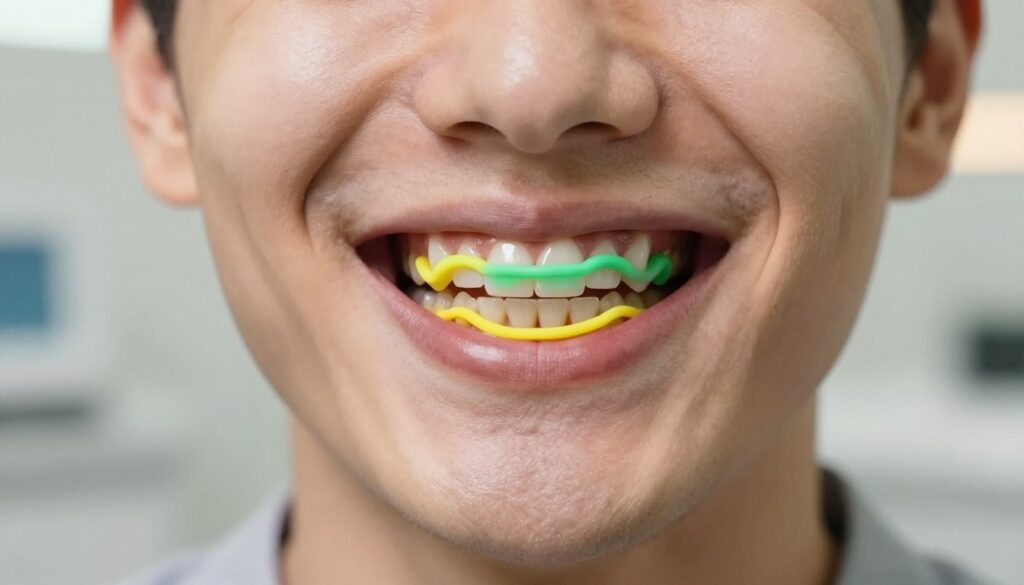 A close-up view of a smiling person showcasing their teeth adorned with various orthodontic rubber band colors that could negatively impact the whitening effect of their smile. The foreground concentrates on the colorful rubber bands, emphasizing shades of yellow and green that create an unflattering contrast with the teeth. The middle layer highlights the person's bright, natural smile, reflecting an optimistic mood. The background is softly blurred, featuring a dental clinic environment with warm, inviting lighting to enhance the professional setting. Capture the scene with a shallow depth of field to draw attention to the rubber bands and the person's expression, aiming for clarity and realism in the color contrast.
