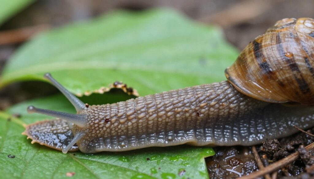 A close-up view of a snail's radula, showcasing its unique structure resembling a tongue and file. The foreground features intricate details of the radula, emphasizing its rows of tiny teeth used for grinding food, glistening in soft, natural light. In the middle ground, a lush green leaf is depicted, partially eaten by the snail, highlighting the feeding process. The background presents a blurred, earthy environment with hints of soil and moisture, enhancing the natural habitat of the snail. The overall atmosphere conveys a sense of quiet observation in nature, with a focus on the delicate beauty of this fascinating anatomy. The image is illuminated softly to emphasize textures and details without harsh shadows.