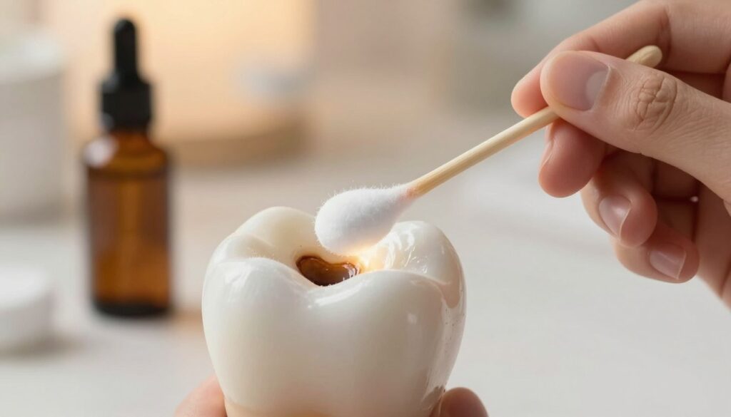 A close-up view of a tooth with a visible cavity, highlighting the painful aspect of a toothache. In the foreground, focus on the tooth illustrating decay and a dark hole with a subtle glow as if signaling discomfort. The middle ground should feature a hand gently holding a cotton swab dipped in clove oil, a natural remedy for pain relief. In the background, a softly blurred dental setting with warm, ambient lighting creates a reassuring atmosphere. Emphasize a sense of urgency yet calm, illustrating the idea of seeking immediate relief while awaiting professional dental help. The overall tone should be informative and slightly somber, reflecting the seriousness of dental pain while offering hope through home remedies. A close-up view of a tooth with a visible cavity, highlighting the painful aspect of a toothache. In the foreground, focus on the tooth illustrating decay and a dark hole with a subtle glow as if signaling discomfort. The middle ground should feature a hand gently holding a cotton swab dipped in clove oil, a natural remedy for pain relief. In the background, a softly blurred dental setting with warm, ambient lighting creates a reassuring atmosphere. Emphasize a sense of urgency yet calm, illustrating the idea of seeking immediate relief while awaiting professional dental help. The overall tone should be informative and slightly somber, reflecting the seriousness of dental pain while offering hope through home remedies.