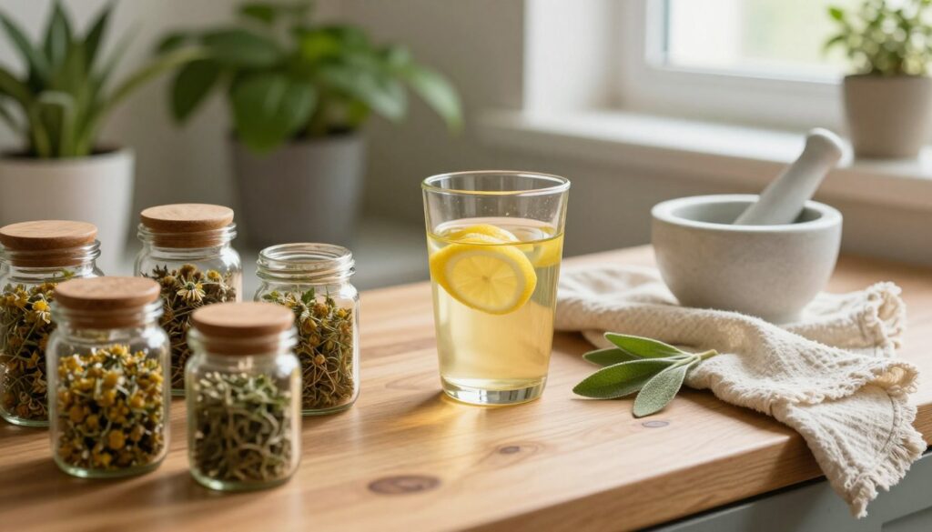 A close-up view of a wooden kitchen table adorned with various natural remedies for gum inflammation. The foreground features neatly arranged jars with herbal ingredients, such as chamomile and sage, alongside a mortar and pestle. In the middle, a glass of warm water infused with lemon and honey sits, surrounded by gauzy muslin cloths for an inviting touch. The background shows fresh green plants in pots, emphasizing a calming and organic atmosphere. Warm, soft lighting illuminates the scene from a nearby window, casting gentle shadows. The image conveys a sense of tranquility and holistic healing, ideal for supporting themes of natural health remedies.
