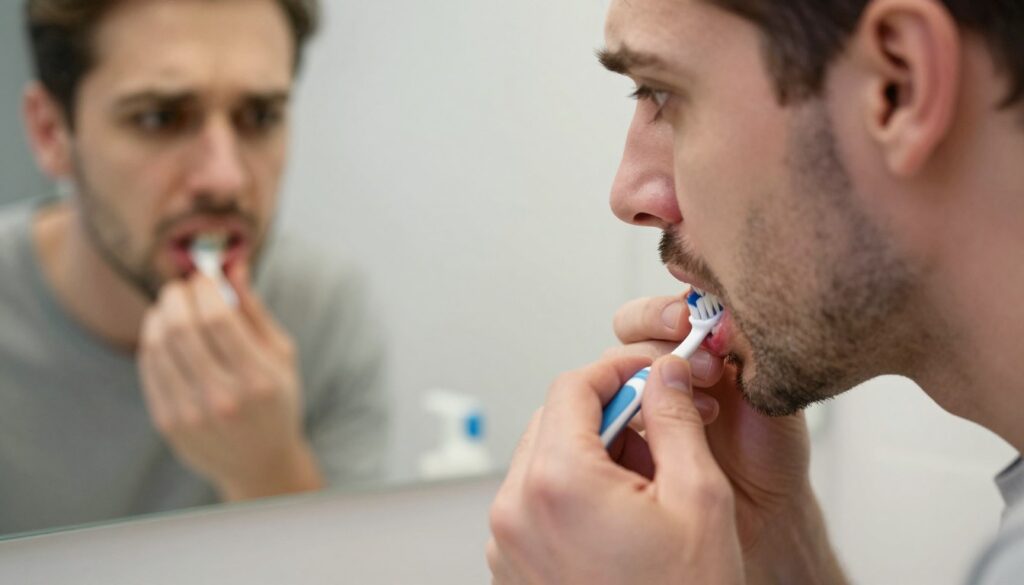 A close-up view of a worried adult examining their gums in a well-lit bathroom mirror, showcasing a partially erupted tooth on the gum line. The focus is on the individual's expression conveying concern and discomfort. In the foreground, the person's hand holds a toothbrush with a hint of toothpaste, emphasizing hygiene. The middle ground features the reflection of the tooth in the mirror, where the inflamed gum area is highlighted, showing redness and slight swelling around the tooth. In the background, a soft-focus view of dental care products is visible on the countertop, hinting at the topic of oral health. The overall atmosphere is one of caution and alertness, illuminated by warm, natural light to create a relatable and educational scene.