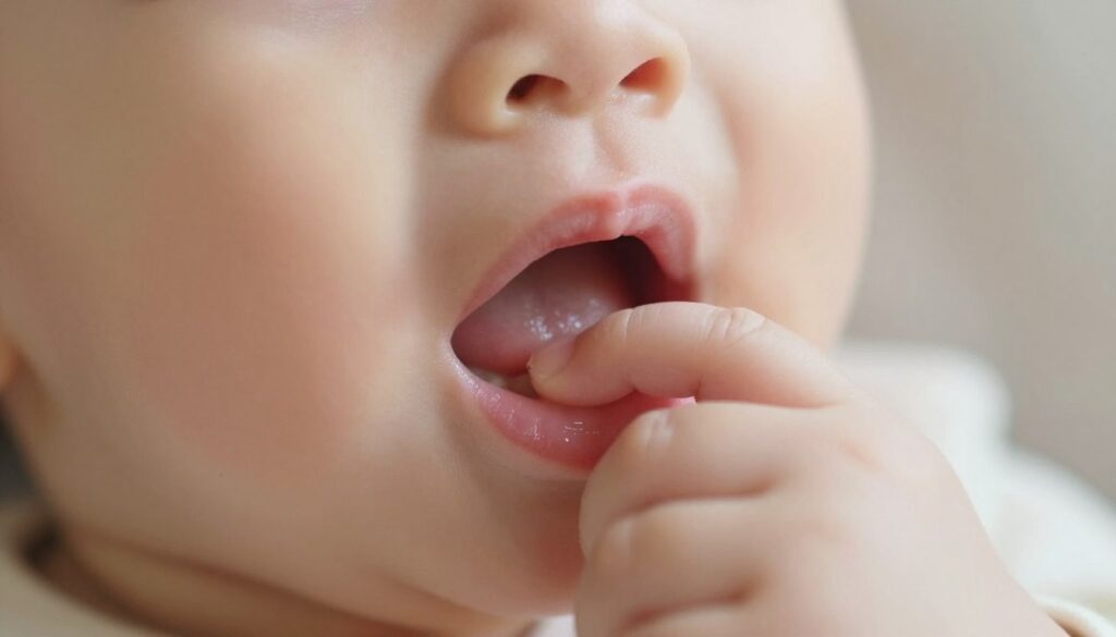 A close-up view of an infant's gums during the teething process, showcasing the subtle changes in color and texture of the soft tissue. In the foreground, highlight the rounded, swollen gum area with a soft pink hue, illustrating tenderness and slight inflammation typical of teething. In the middle ground, include a small hand reaching towards the mouth, symbolizing the baby’s instinct to soothe their discomfort by chewing. The background should be softly blurred to emphasize the focus on the gums, with warm, natural lighting that creates a gentle and comforting atmosphere. The angle should be from a slightly elevated perspective to capture the details of the gums effectively, conveying a mood of care and nurturing surroundings.