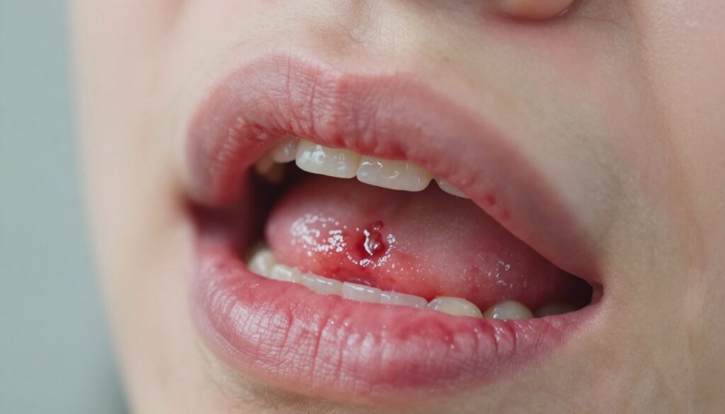 A close-up view of an inflamed gum area inside a human mouth, showcasing signs of purulent inflammation, with swollen, red gums and visible pus. The background should be blurred to emphasize the details of the gums. Soft, natural lighting highlights the texture and color variations of the gum tissue, while maintaining a clinical atmosphere. The camera angle should capture a slightly tilted perspective to give depth to the inflamed area, drawing attention to the symptoms indicative of infection. The overall mood is serious and informative, aimed at raising awareness of dental health issues, particularly in the context of cold symptoms.
