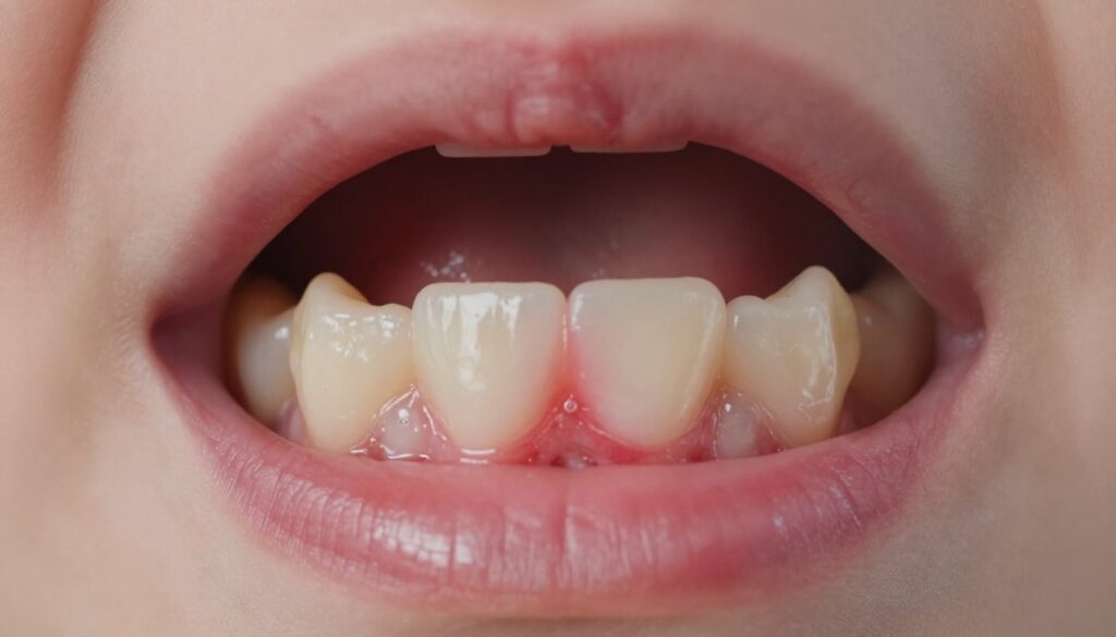 A close-up view of an inflamed gum area with a white lesion surrounded by a red halo, showcasing a typical oral condition known as "gingival erosion." The foreground focuses on the inflamed gums, capturing the texture and detail of the lesion, emphasizing its painful appearance. In the middle ground, soft, diffused lighting illuminates the oral cavity, highlighting the contrast between the white and red colors. The background is softly blurred, featuring hints of dental tools to suggest a clinical setting. The atmosphere is clinical yet empathetic, evoking concern for the well-being of an infant. The image should be devoid of any text or distractions, focusing solely on the dental condition. A close-up view of an inflamed gum area with a white lesion surrounded by a red halo, showcasing a typical oral condition known as "gingival erosion." The foreground focuses on the inflamed gums, capturing the texture and detail of the lesion, emphasizing its painful appearance. In the middle ground, soft, diffused lighting illuminates the oral cavity, highlighting the contrast between the white and red colors. The background is softly blurred, featuring hints of dental tools to suggest a clinical setting. The atmosphere is clinical yet empathetic, evoking concern for the well-being of an infant. The image should be devoid of any text or distractions, focusing solely on the dental condition.