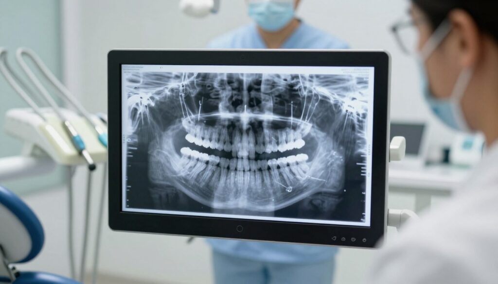 A close-up view of an oral cavity featuring intraoral dental X-rays displayed on a digital screen. In the foreground, focus on a set of clear, detailed dental X-rays that highlight various angles of the teeth, such as occlusal, periapical, and bitewing perspectives. The middle section should include a modern dental chair and equipment, conveying a professional dental environment. Soft, natural lighting illuminates the scene, creating a clean, clinical atmosphere. In the background, blurred out dental tools and a dental assistant in professional attire, focused on the patient, enhance the clinical context. The overall mood is informative and precise, emphasizing dental health and radiographic techniques without distractions. A close-up view of an oral cavity featuring intraoral dental X-rays displayed on a digital screen. In the foreground, focus on a set of clear, detailed dental X-rays that highlight various angles of the teeth, such as occlusal, periapical, and bitewing perspectives. The middle section should include a modern dental chair and equipment, conveying a professional dental environment. Soft, natural lighting illuminates the scene, creating a clean, clinical atmosphere. In the background, blurred out dental tools and a dental assistant in professional attire, focused on the patient, enhance the clinical context. The overall mood is informative and precise, emphasizing dental health and radiographic techniques without distractions.