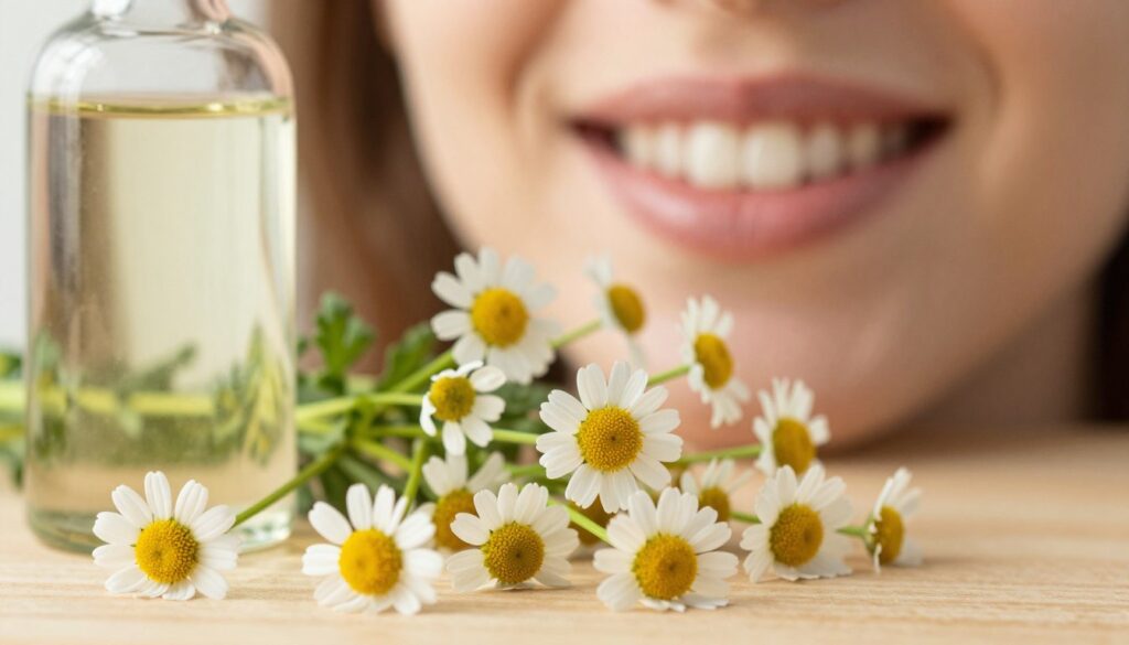 A close-up view of chamomile flowers and leaves arranged artfully on a wooden surface, with a glass of chamomile mouthwash in the foreground, reflecting the soothing properties of chamomile for oral health. In the background, a soft-focus image of a person's mouth, showing healthy gums and teeth, illuminated by soft, warm light, creating an inviting atmosphere. It's an intimate portrait of wellness, highlighting the herbal essence of chamomile and its benefits in promoting gum health, with natural highlights enhancing the organic feel. The angle is slightly tilted, giving depth and perspective to the composition, while maintaining a clean and professional look, free of any distractions or text overlays.