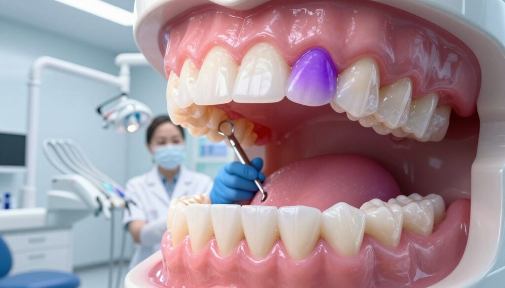 A close-up view of healthy and unhealthy gums, showcasing vibrant purple discoloration on a set of adult teeth. In the foreground, there is an open mouth, illuminated by bright dental lighting, highlighting the contrast between healthy pink gums and the affected purple areas. The middle layer features a dentist in a professional white coat, examining the gums with a dental tool, displaying a focused expression. The background is a modern dental clinic with clean lines, soft blue tones, and dental equipment neatly arranged, promoting a clinical atmosphere. The lighting is bright and clinical, ensuring clarity and detail. The overall mood is informative yet calming, aiming to educate about dental health.