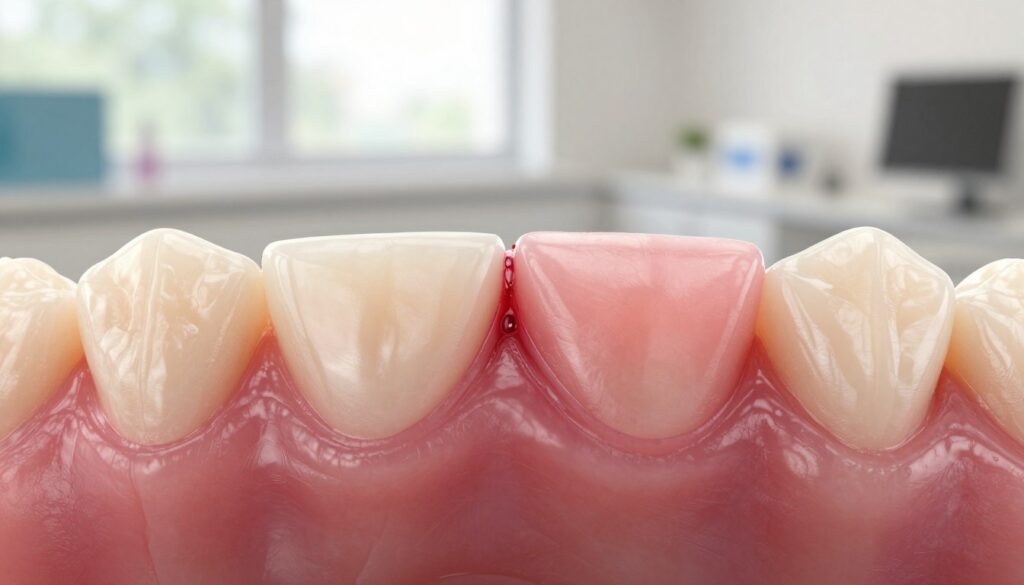 A close-up view of healthy gum tissue healing after an injury, showcasing a vibrant pink hue with subtle texture details. In the foreground, focus on the edges of the wound, illustrating a slight swelling, fresh blood clotting, and a smooth healing surface. The middle ground features surrounding gums, highlighting their healthy appearance as they transition from inflamed to a calmer state. In the background, a soft and blurred dental clinic setting evokes a clean, clinical atmosphere, with natural light filtering through, creating a warm and inviting ambiance. The scene conveys a sense of recovery and care, emphasizing the natural healing process and the importance of dental hygiene.