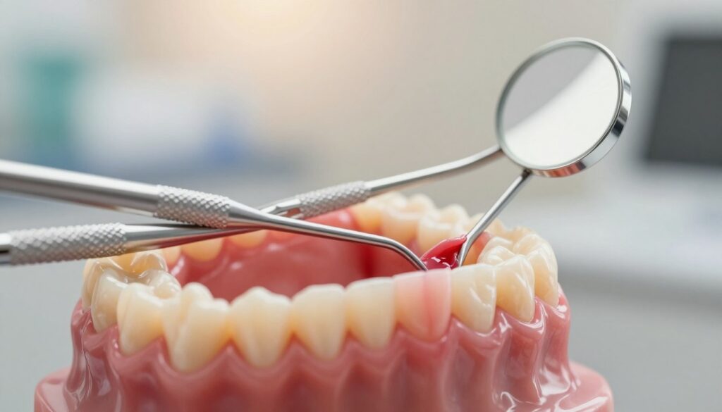 A close-up view of healthy gums and teeth contrasted against inflamed gums exhibiting signs of gingivitis, set in a clinical environment. In the foreground, focus on a detailed depiction of a mouth, showcasing swollen, red gums with subtle bleeding. The middle ground features dental tools like a mirror and probe, emphasizing a professional dental setting. The background is softly blurred, hinting at a dental office with soft, warm lighting to create a calm and informative mood. The angle should be slightly above, highlighting the condition of the gums while maintaining a clean and educational atmosphere, aimed at illustrating the early signs of gum disease without any human figures.