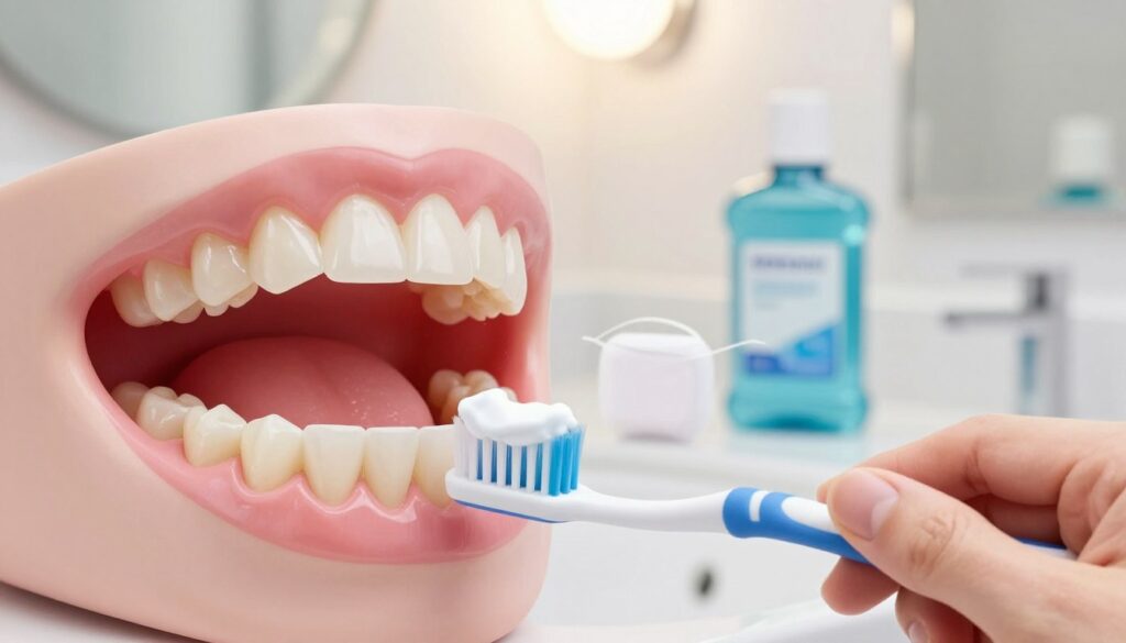 A close-up view of healthy gums, showcasing their soft pink texture and natural sheen. The foreground features a hand gently holding a toothbrush with a small amount of toothpaste, emphasizing proper oral hygiene habits. In the middle, a dental care product like mouthwash and dental floss are neatly arranged, suggesting post-procedure care. The background displays a softly lit bathroom setting, with a mirror reflecting the gentle glow of overhead lighting, creating a serene atmosphere. The overall mood is calm and inviting, promoting a message of oral health and recovery, with a focus on maintaining healthy gums after dental treatments. Ideal for a dental care article illustration.