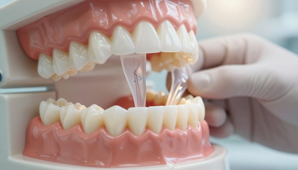 A close-up view of human teeth and gums, showcasing a dental model with highlighted areas of sensitivity. The foreground features a detailed rendering of teeth with a translucent overlay illustrating nerve endings and sensitivity points. In the middle ground, depict a pair of hands gently examining the gums, wearing professional gloves, suggesting a dental examination. The background should be a soft-focus dental clinic environment, emphasizing cleanliness and professionalism with bright, warm lighting to create a calming atmosphere. The composition should convey the importance of understanding tooth sensitivity and its relation to gum health, aiming for a mood of educational clarity and reassurance. A close-up view of human teeth and gums, showcasing a dental model with highlighted areas of sensitivity. The foreground features a detailed rendering of teeth with a translucent overlay illustrating nerve endings and sensitivity points. In the middle ground, depict a pair of hands gently examining the gums, wearing professional gloves, suggesting a dental examination. The background should be a soft-focus dental clinic environment, emphasizing cleanliness and professionalism with bright, warm lighting to create a calming atmosphere. The composition should convey the importance of understanding tooth sensitivity and its relation to gum health, aiming for a mood of educational clarity and reassurance.