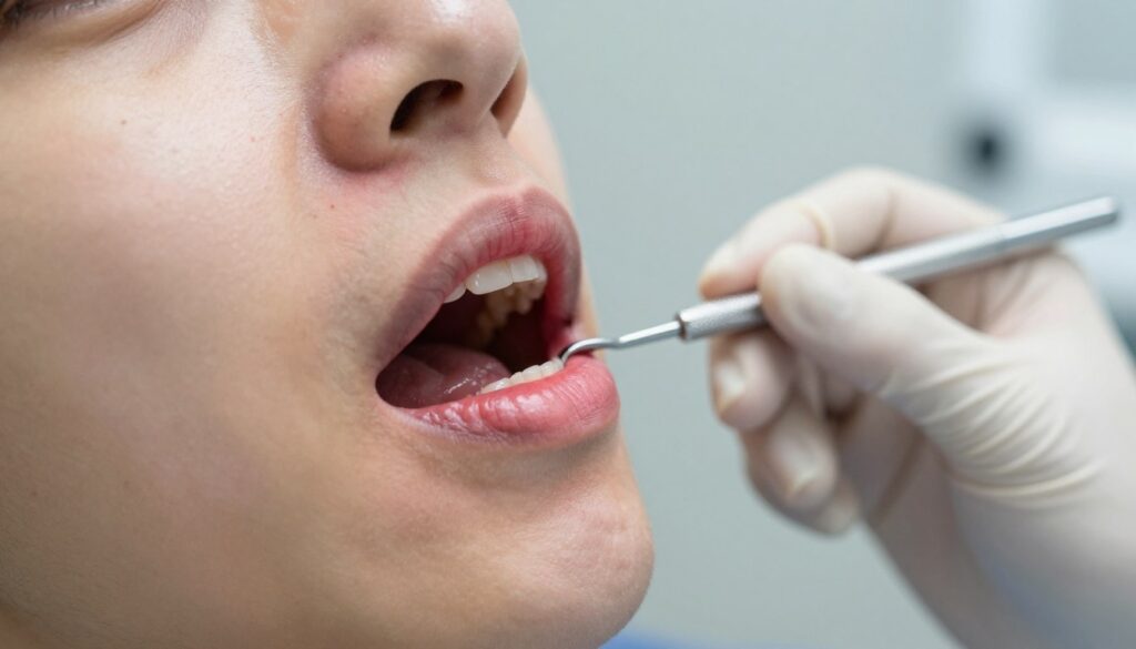 A close-up view of inflamed gums, highlighting the condition of gum sensitivity, specifically focusing on a person's mouth with visible redness and swelling around the gums. The foreground showcases detailed textures of the inflamed gums, with a slightly open mouth to demonstrate sensitivity. In the middle ground, a dentist's hand gently holding a dental tool approaches the gums, emphasizing a professional, caring atmosphere. The background is blurred, featuring a clean, sterile dental office setting with soft, natural lighting to convey a sense of calm. The overall mood is one of concern balanced with professionalism, aiming to illustrate dental hygiene challenges and gum sensitivity effectively.