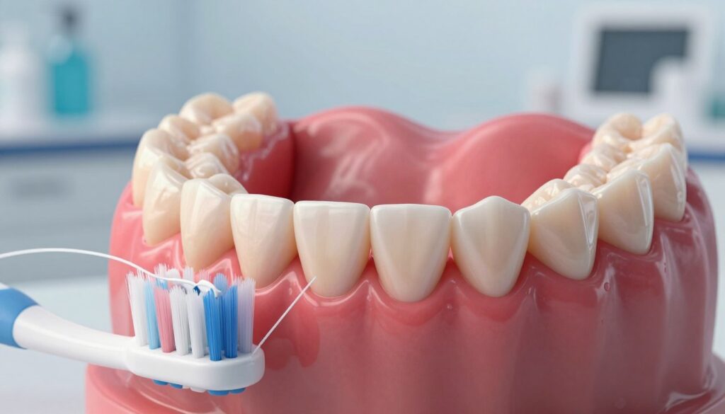 A close-up view of inflamed gums showing symptoms such as redness and swelling. In the foreground, a toothbrush and dental floss are elegantly arranged, symbolizing oral hygiene efforts. The middle ground features a smooth, glossy surface, highlighting a realistic render of the mouth with visible gum irritation around the teeth. Soft, diffused lighting illuminates the scene, casting gentle shadows that enhance the textures of the gums and teeth. In the background, a blurred dental clinic environment suggests a professional setting, promoting a sense of care and health awareness. The mood is educational and informative, creating a focus on the importance of oral health and the symptoms of gum pain.