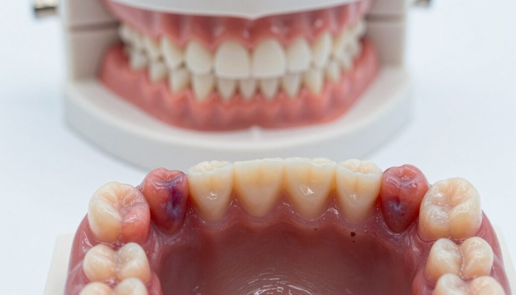 A close-up view of swollen gums, illustrating the condition of gingival hyperplasia. The foreground features an isolated, highly detailed depiction of the gums, showing their enlarged and inflamed appearance, with deep reds and subtle purples highlighting the irritation. The middle background includes a dental model to signify oral health care, placed on a clean, white surface with gentle shadows for depth. The overall lighting is soft and diffused, creating a clinical yet approachable atmosphere. The image should be crisp and focused with a slight depth of field, pulling attention towards the swollen gums while maintaining a professional presentation.