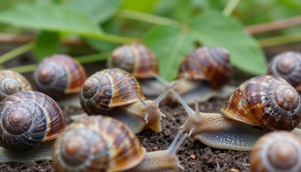 A close-up view of various species of snails showcasing their unique dental structures, emphasizing herbivorous, predatory, and omnivorous adaptations. In the foreground, detailed images of colorful shells and the distinctive feeding radula (the snail's "teeth") are prominently displayed, with textures highlighted under soft, natural lighting. In the middle ground, a variety of snails are positioned against a backdrop of lush green foliage and soil, demonstrating their natural habitats. The background features blurred hints of vegetation to convey an outdoor setting, creating a tranquil and educational atmosphere. The scene is captured at eye level with a macro lens to accentuate intricate details, creating an inviting and informative visual experience.
