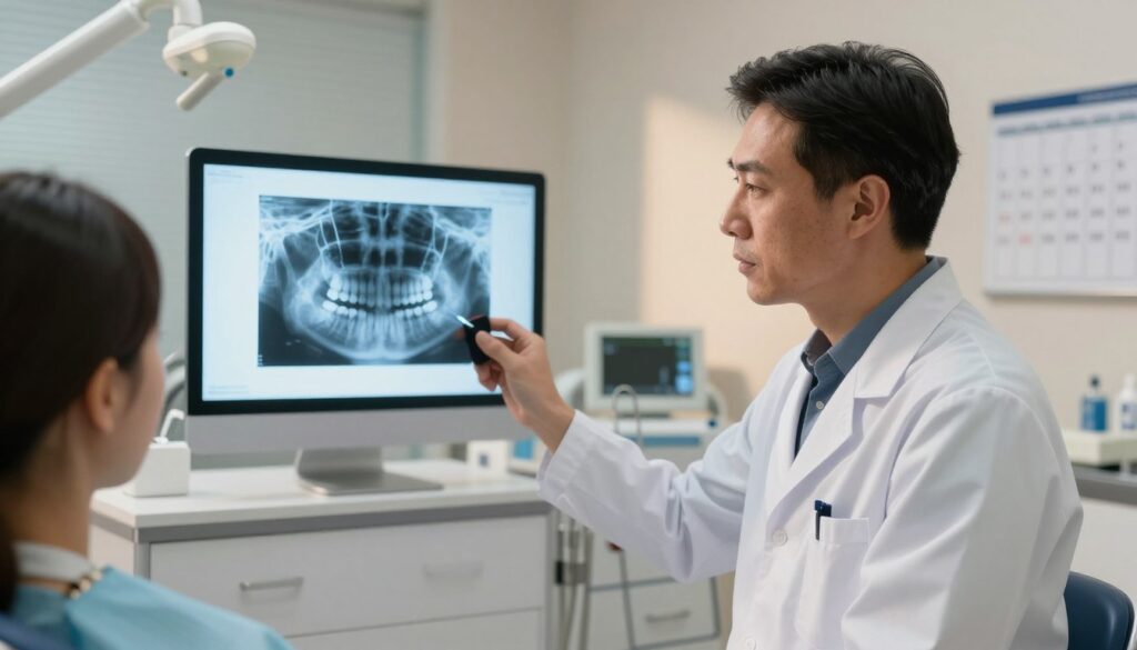A concerned medical professional in a modern clinic setting, wearing a white lab coat, examines a patient's dental x-ray on a light board, highlighting the potential signs of sepsis originating from a tooth infection. In the foreground, the x-ray glows brightly, accentuating the possible infection. The middle ground features a sleek, contemporary patient consultation area with dental tools organized neatly on a counter and a calendar on the wall. In the background, soft ambient lighting creates a calm atmosphere, suggesting urgency and seriousness. The mood is focused and professional, emphasizing the critical nature of recognizing dental infections that may lead to sepsis. The angle captures the intensity of the moment, with warm light illuminating the professional's face as they assess the situation. A concerned medical professional in a modern clinic setting, wearing a white lab coat, examines a patient's dental x-ray on a light board, highlighting the potential signs of sepsis originating from a tooth infection. In the foreground, the x-ray glows brightly, accentuating the possible infection. The middle ground features a sleek, contemporary patient consultation area with dental tools organized neatly on a counter and a calendar on the wall. In the background, soft ambient lighting creates a calm atmosphere, suggesting urgency and seriousness. The mood is focused and professional, emphasizing the critical nature of recognizing dental infections that may lead to sepsis. The angle captures the intensity of the moment, with warm light illuminating the professional's face as they assess the situation.