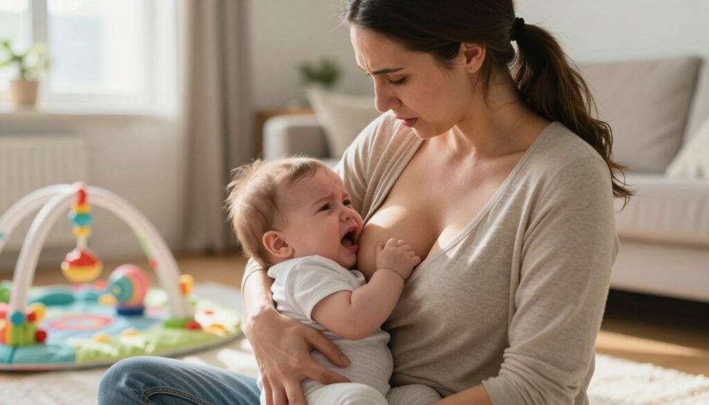 A concerned mother gently holds her fussy infant in her arms during a feeding session, showcasing a moment of discomfort and pain. The mother is wearing modest, casual clothing, embodying a nurturing and caring demeanor. The baby, with a distressed expression, is attempting to latch onto the breast, highlighting the struggle. The scene is set in a softly lit, cozy living room, filled with warm, natural light filtering through a window, casting gentle shadows. In the background, a colorful baby play mat is visible, along with toys, adding a layer of warmth to the environment. The mood conveys both tenderness and concern, emphasizing the emotional bond between mother and child amidst the challenges of feeding. A concerned mother gently holds her fussy infant in her arms during a feeding session, showcasing a moment of discomfort and pain. The mother is wearing modest, casual clothing, embodying a nurturing and caring demeanor. The baby, with a distressed expression, is attempting to latch onto the breast, highlighting the struggle. The scene is set in a softly lit, cozy living room, filled with warm, natural light filtering through a window, casting gentle shadows. In the background, a colorful baby play mat is visible, along with toys, adding a layer of warmth to the environment. The mood conveys both tenderness and concern, emphasizing the emotional bond between mother and child amidst the challenges of feeding.