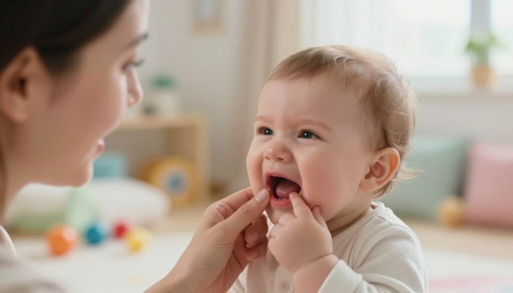 A concerned parent gently holding a teething baby, focusing on the baby's swollen gums with a small blood blister indicative of teething. The foreground features the baby's expressive face, showcasing signs of discomfort but also moments of joy, highlighting the emotional aspect of the teething process. In the middle ground, a soft, colorful nursery setting is visible, with toys scattered around and soothing pastel colors that evoke a sense of warmth and comfort. The background depicts calming natural light pouring in through a window, creating a serene atmosphere. Use a shallow depth of field to emphasize the bond between the parent and child while softly blurring the background. The overall mood should be compassionate and nurturing, capturing the essence of teething struggles and parental support.