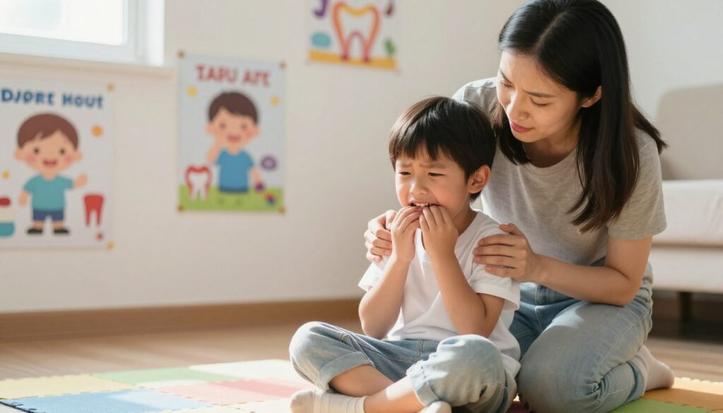 A concerned parent kneels beside a small child sitting on a colorful mat in a bright, cheerful room. The child’s facial expression reflects discomfort and worry while holding their jaw, symbolizing the issue of teeth grinding. In the background, educational posters about dental health and stress management hang on the walls, adding context to the scene. Natural sunlight streams through a window, creating a warm and inviting atmosphere. Use a soft-focus lens to capture the tender interaction between parent and child, highlighting their emotional bond. The overall mood should evoke a sense of care and concern while addressing the topic of teeth grinding in children. A concerned parent kneels beside a small child sitting on a colorful mat in a bright, cheerful room. The child’s facial expression reflects discomfort and worry while holding their jaw, symbolizing the issue of teeth grinding. In the background, educational posters about dental health and stress management hang on the walls, adding context to the scene. Natural sunlight streams through a window, creating a warm and inviting atmosphere. Use a soft-focus lens to capture the tender interaction between parent and child, highlighting their emotional bond. The overall mood should evoke a sense of care and concern while addressing the topic of teeth grinding in children.
