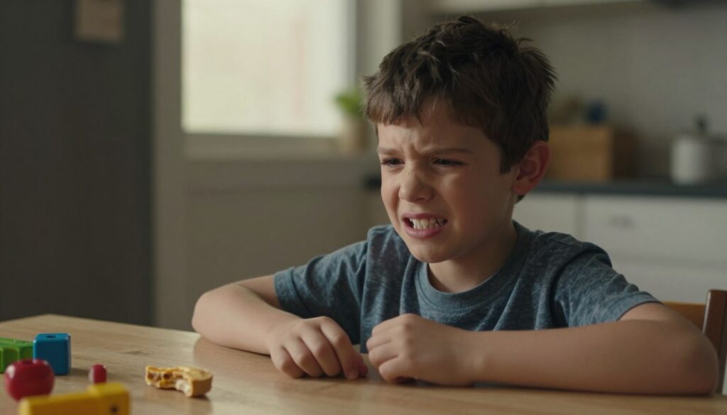 A concerned parent observing their child, a young boy around 7 years old, sitting at a kitchen table with a worried expression, showing signs of teeth grinding. The foreground captures the child's face in detail, emphasizing his tensed jaw and slightly clenched teeth, with hands anxiously resting on the table. In the middle ground, scattered toys and a half-eaten snack hint at a typical playtime setting. The background features soft, warm lighting from a window, creating a cozy atmosphere, but with a shadow casting over the child, hinting at worry. The overall mood conveys a mix of concern and care, emphasizing the importance of recognizing signs of stress or discomfort in children. A concerned parent observing their child, a young boy around 7 years old, sitting at a kitchen table with a worried expression, showing signs of teeth grinding. The foreground captures the child's face in detail, emphasizing his tensed jaw and slightly clenched teeth, with hands anxiously resting on the table. In the middle ground, scattered toys and a half-eaten snack hint at a typical playtime setting. The background features soft, warm lighting from a window, creating a cozy atmosphere, but with a shadow casting over the child, hinting at worry. The overall mood conveys a mix of concern and care, emphasizing the importance of recognizing signs of stress or discomfort in children.