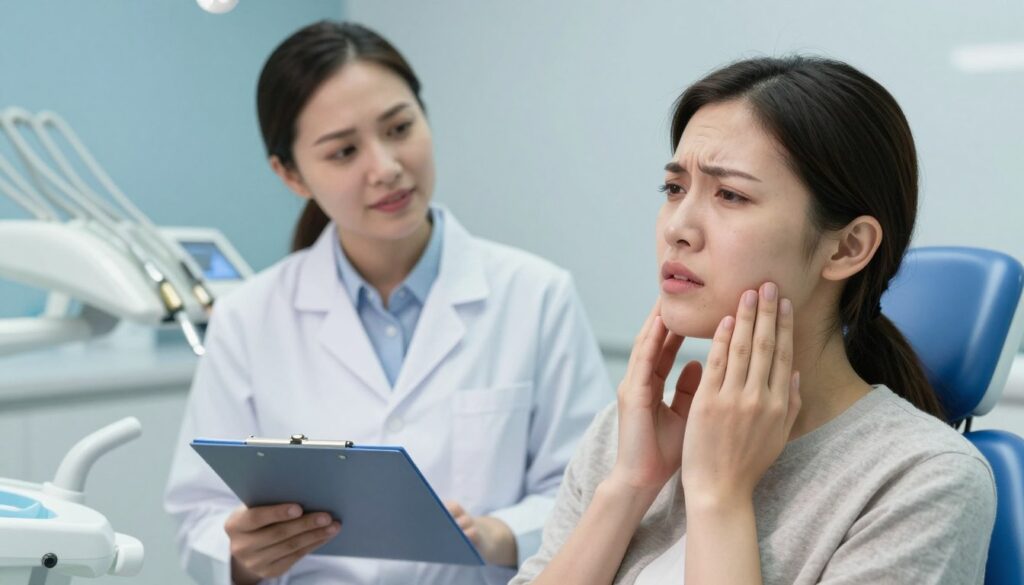 A concerned patient sitting in a modern dental clinic, looking worried while gently touching their jaw area to indicate gum pain. In the foreground, capture the patient’s expression of discomfort and anxiety, wearing casual, modest clothing. In the middle ground, include a dental professional dressed in a white coat, observing the patient compassionately with a clipboard in hand, ready to offer assistance. The background features dental equipment and calming blue hues, creating a professional yet soothing atmosphere. Soft, natural lighting highlights the dental environment, while a slight focus on the patient's face emphasizes the urgency of seeking help. The overall mood is serious yet hopeful, conveying the importance of timely dental consultation.