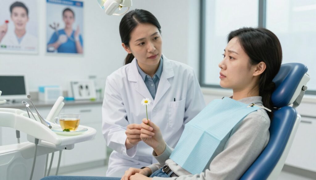A contrasting scene depicting the decision of visiting a dentist, set in a bright, modern dental office. In the foreground, a worried adult patient, dressed in smart casual attire, sits in a dental chair with a gentle expression, holding a chamomile flower. The dentist, dressed in a professional white coat, stands beside the patient, offering reassurance with a calm demeanor. In the middle ground, dental tools and a small cup of chamomile tea for rinsing are visible on a tray, symbolizing the natural remedy. The background showcases a clean, well-lit environment with dental posters on the walls and a large window allowing soft natural light to fill the room. The atmosphere conveys a sense of care, health, and the importance of making informed choices about dental health.