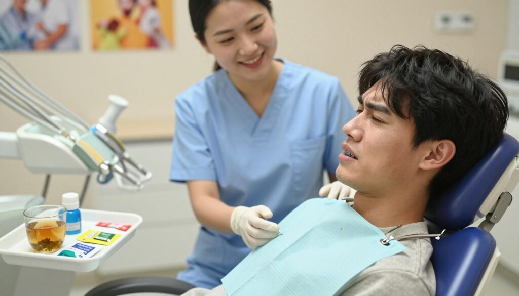 A cozy dental office environment, featuring a close-up of a young adult sitting in a dental chair. The person is dressed in a modest, casual outfit and showing a slight wince, indicating discomfort from braces. In the foreground, a small tray holds soothing remedies like a cold pack, herbal tea, and over-the-counter pain relief. In the middle, a dental assistant, also in professional attire, is gently offering advice with a reassuring smile. The background displays dental tools and calming images on the wall. Soft, warm lighting creates a soothing atmosphere, evoking a sense of comfort and care. The angle focuses on the interaction between the patient and the assistant, emphasizing support during the initial days of braces.