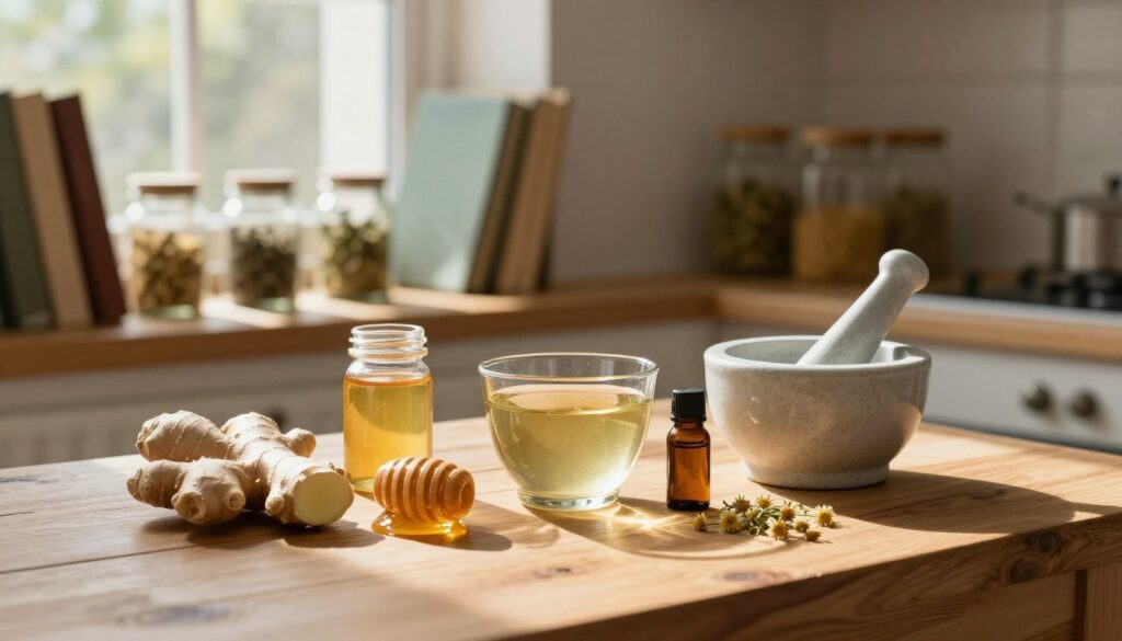 A cozy, inviting kitchen setting focused on natural remedies for easing gum pain. In the foreground, a wooden table showcases various ingredients such as fresh ginger, honey, chamomile tea, and essential oils, arranged artfully. A mortar and pestle adds a rustic touch, hinting at traditional methods. In the middle ground, a window allows soft, warm sunlight to filter through, illuminating the scene and casting gentle shadows. The background features shelves lined with herbal books and small jars filled with dried herbs, evoking a sense of homegrown knowledge. The atmosphere is calm and healing, perfect for conveying comfort and support in treating dental issues. The overall composition invites the viewer to explore natural solutions with a serene and hopeful mood.