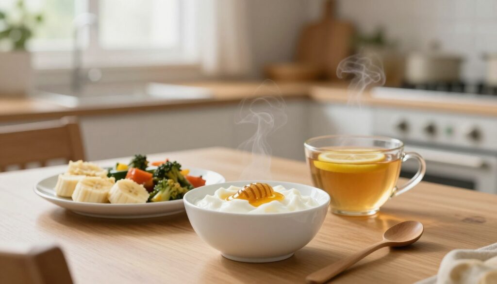 A cozy kitchen scene with a focus on a dining table featuring an array of soft, gentle foods suitable for soothing gum pain. In the foreground, a bowl of creamy yogurt garnished with honey sits next to a plate of mashed bananas and soft-cooked vegetables. A steaming cup of herbal tea with a slice of lemon is also present. The middle ground shows a blurred background of a warm, inviting kitchen with subtle natural light filtering through a window, creating a comforting atmosphere. The overall mood is calm and healing, emphasizing comfort and care in food choices during gum pain. Visualize a soft focus with a shallow depth of field, capturing the essence of tenderness and relief in this culinary selection.