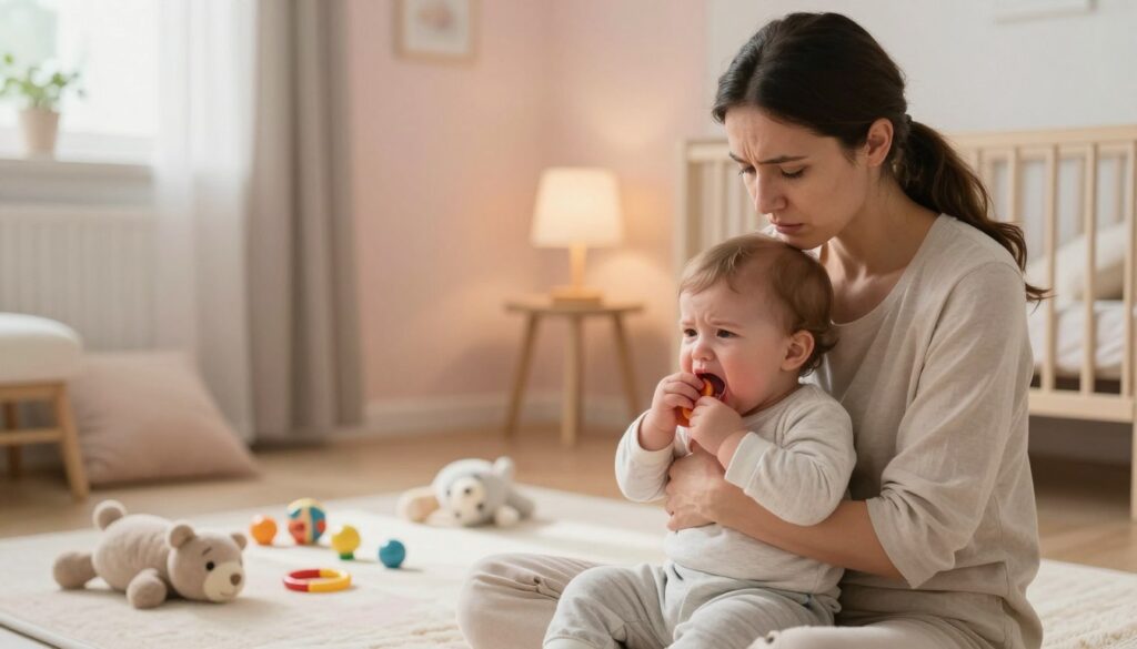 A cozy room designed for a teething baby, featuring a comforting nursery setup. In the foreground, a worried but caring mother holds her fussy toddler, who is teething, displaying signs of discomfort such as a slight fever and drooling. The mother is wearing a simple, modest outfit, showcasing her concern. In the middle, a soft play mat with various toys scattered around, including teething rings and plush animals. In the background, a soothing color palette with pastel walls and a gently glowing lamp to create a warm atmosphere. Natural soft sunlight filters through the window, adding a serene touch. The overall mood conveys empathy and warmth, capturing the challenging yet normal experiences of teething. A cozy room designed for a teething baby, featuring a comforting nursery setup. In the foreground, a worried but caring mother holds her fussy toddler, who is teething, displaying signs of discomfort such as a slight fever and drooling. The mother is wearing a simple, modest outfit, showcasing her concern. In the middle, a soft play mat with various toys scattered around, including teething rings and plush animals. In the background, a soothing color palette with pastel walls and a gently glowing lamp to create a warm atmosphere. Natural soft sunlight filters through the window, adding a serene touch. The overall mood conveys empathy and warmth, capturing the challenging yet normal experiences of teething.