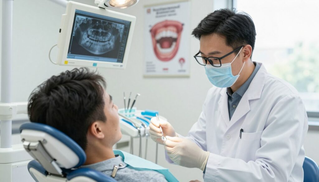 A dental clinic interior focused on diagnostics, featuring a bright, clean environment. In the foreground, a friendly, professional dentist in a white coat, wearing glasses and a mask, examines a patient’s gum with a dental mirror and explorer. The patient, seated in a dental chair, appears calm, wearing a dental bib. In the middle ground, a shelf displays dental tools and diagnostic equipment, while an x-ray light box with clear dental images is mounted on the wall. In the background, an anatomical poster of the mouth is visible, alongside a window letting in natural light, creating a warm and inviting atmosphere. The image captures a sense of professionalism, calmness, and thoroughness, emphasizing the diagnostic process in dentistry.