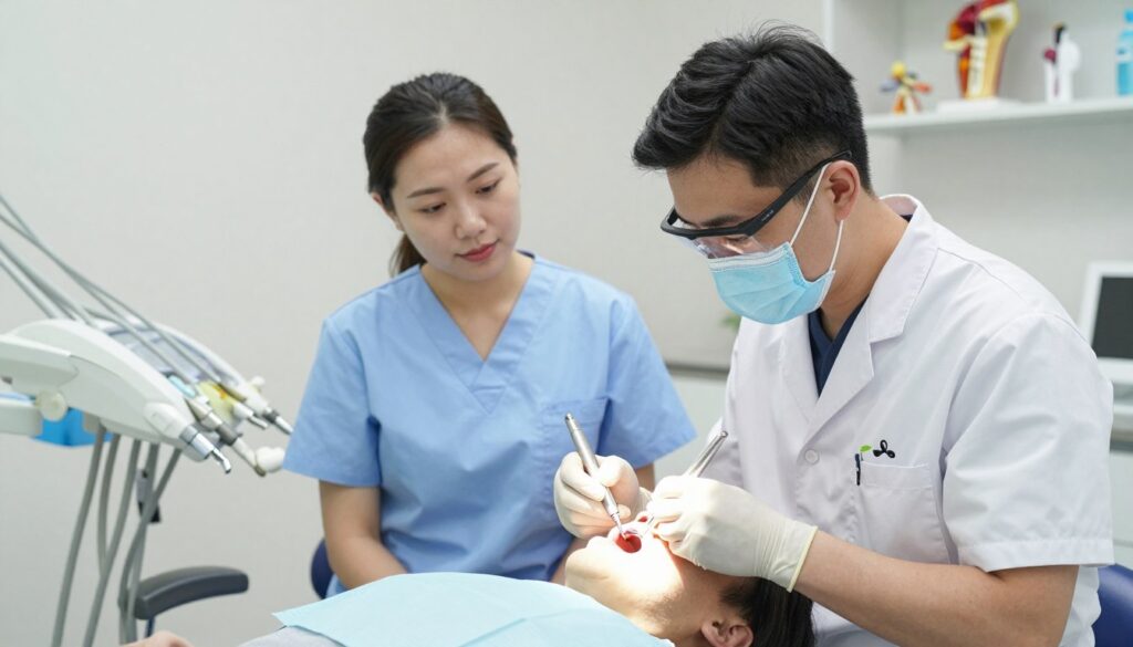 A dental clinic interior showcasing a bright, sterile environment. In the foreground, a dentist, wearing a professional white coat and safety glasses, is focused on performing root canal treatment on a patient, who is comfortably reclined in a dental chair. The dentist is holding specialized dental tools, highlighting the precision of the procedure. In the middle ground, a dental assistant observes attentively, ready to assist. The background features dental equipment and anatomical models on shelves, emphasizing a professional atmosphere. Soft, natural lighting floods the scene to create a reassuring ambiance, with a slight depth of field to draw focus to the dentist and patient, capturing the meticulous nature of root canal therapy and the need for additional procedures in certain cases.