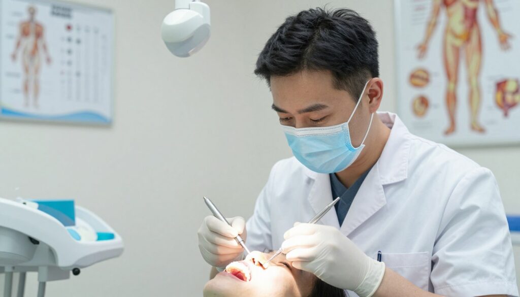 A dental clinic interior, showcasing a dentist in professional attire examining a patient’s mouth with a focus on the tooth using an LED dental light. The scene features a close-up of a dental tool, highlighting the diagnosis process. The dentist is meticulously inspecting a tooth that appears discolored, representing a 'dead tooth.' In the background, dental charts and anatomical posters add context to the setting. The lighting is bright and clinical, emphasizing cleanliness and professionalism. The mood is serious yet reassuring, conveying the importance of dental diagnostics and care. The image should be well-composed, with a slight depth of field to draw attention to the dentist's focused examination.