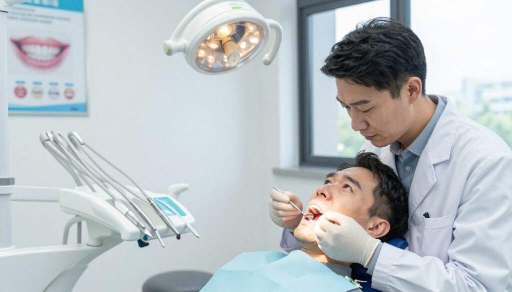 A dental clinic scene focused on the diagnosis of gum recession. In the foreground, a professional dentist in a white coat examines a patient’s mouth using a dental mirror and probe, showcasing detailed attention to the gums. The dentist is of Asian descent and the patient, a middle-aged Caucasian male, is seated in a modern dental chair, looking slightly anxious yet attentive. In the middle ground, dental tools are neatly organized on a tray, with a high-tech dental light illuminating the workspace. The background features a clean, well-lit examination room with posters on dental health, soft white walls, and a large window letting in natural light. The atmosphere is serious yet calm, conveying professionalism and care.