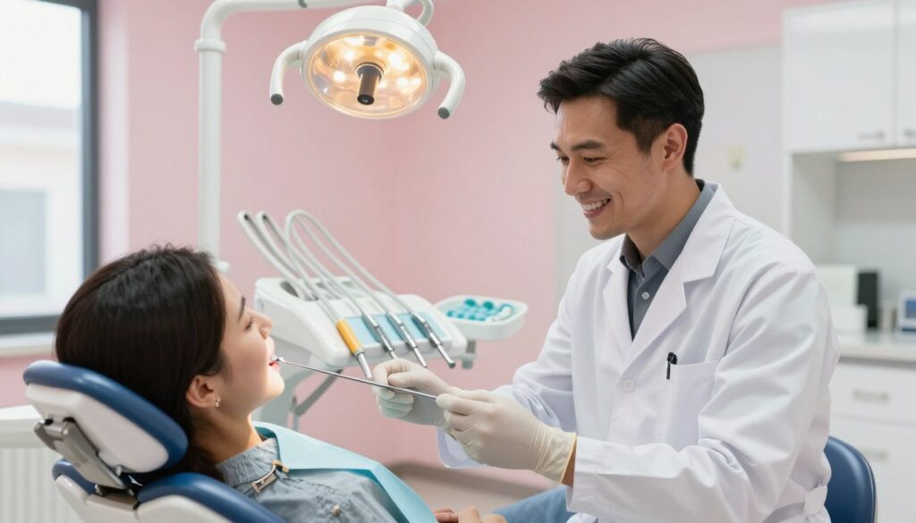A dental clinic scene focusing on a patient in a dental chair preparing to have braces applied. In the foreground, a friendly orthodontist, wearing a lab coat and gloves, is carefully explaining the process to the patient, who looks attentive and slightly nervous, but reassured. The middle background includes dental tools neatly arranged on a tray and a bright, modern dental lamp shining overhead, creating an inviting atmosphere. The walls of the clinic are painted in soft pastel colors, contributing to a calm and professional setting. Soft, warm lighting enhances the mood, while a large window showcases daylight filtering through, adding to the sense of comfort and professionalism.