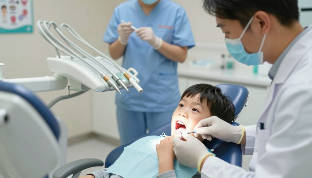 A dental clinic scene focusing on the extraction of a primary tooth affected by cavities. In the foreground, a pediatric dentist in professional attire, wearing gloves and a mask, gently holds a child's small hand, reassuring them. The child, seated in a dental chair, appears nervous but calm, with a curious expression. In the middle ground, dental tools are neatly arranged on a tray, emphasizing the clinical environment. Soft, natural lighting illuminates the room, creating a warm and comforting atmosphere. The background includes a dental assistant organizing equipment and a poster on dental health hanging on the wall, providing an educational context. The overall mood conveys professionalism, care, and the importance of dental health decisions.