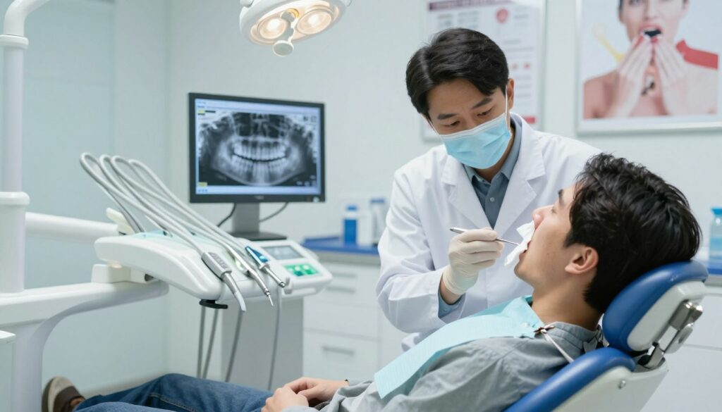 A dental clinic scene highlighting the dilemma of tooth extraction during a cold. In the foreground, a patient, dressed in casual yet professional clothing, sits in a dental chair, appearing anxious as they hold a tissue to their nose. A dentist, in a white coat and mask, stands beside the chair, examining the patient's mouth with a dental tool. Light coming from overhead provides a sterile, bright atmosphere, emphasizing the clinical environment. In the middle, dental instruments and a computer screen displaying dental images are visible, adding context to the scene. The background features dental posters related to oral health and the common cold, enhancing the educational theme. The overall mood is both clinical and contemplative, prompting thoughts about dental procedures during illness.