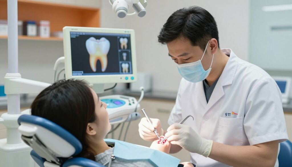 A dental clinic scene showcasing the process of dental restoration. In the foreground, a dentist in professional attire, focused and meticulous, works on a patient sitting in a dental chair. The patient appears calm and relaxed, with the dentist using modern dental tools to illustrate the restoration technique. In the middle ground, a detailed dental monitor displays a digital image of a tooth, highlighting restoration stages. The background features shelves with dental equipment and calming colors, creating a professional atmosphere. Soft, natural lighting illuminates the scene, casting gentle shadows. The mood conveys care and precision, emphasizing the importance of time and methods in dental restoration.